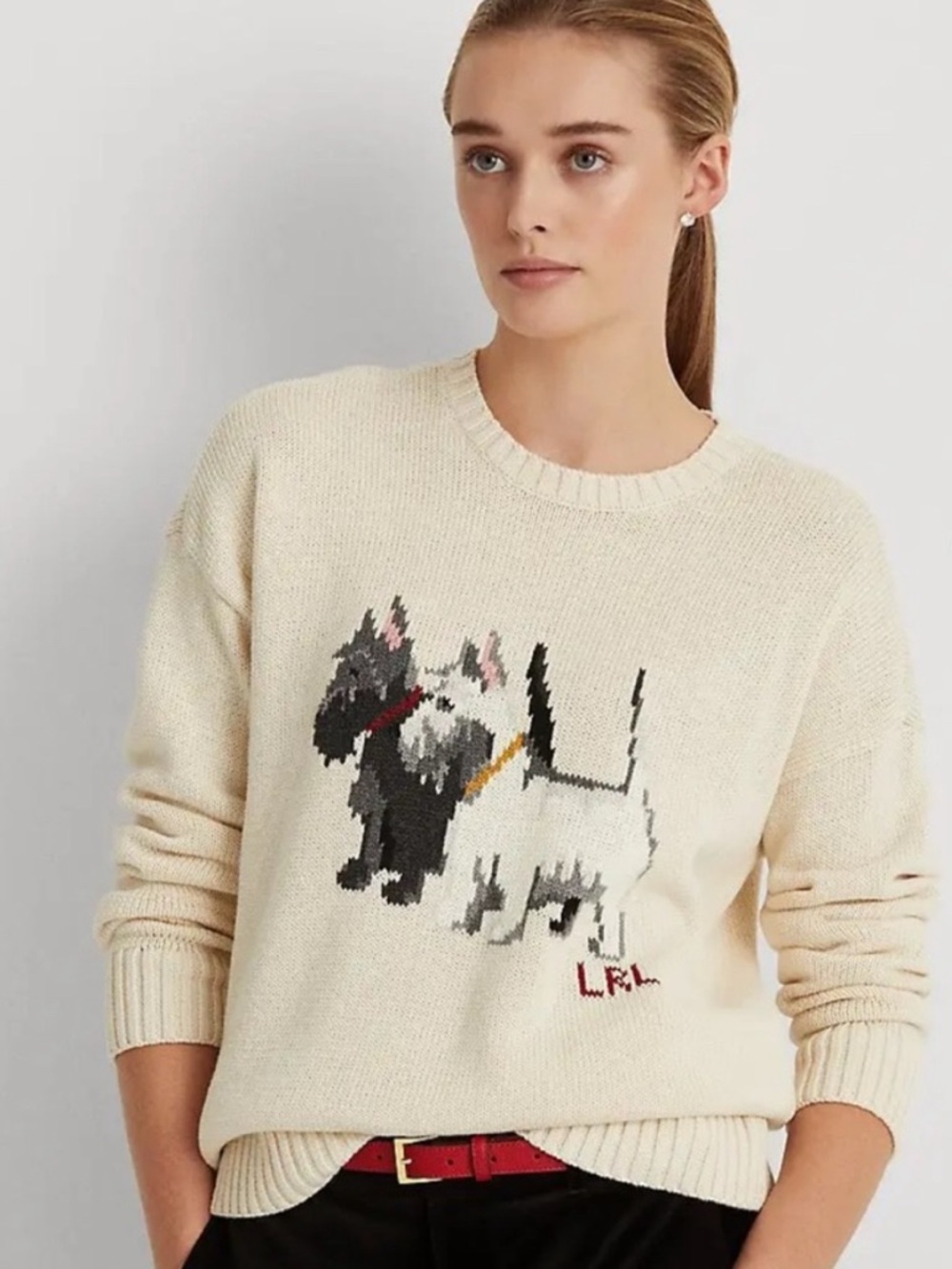 Lauren Ralph Lauren Cream Crewneck Sweater with Scottie Terrier Dog Intarsia